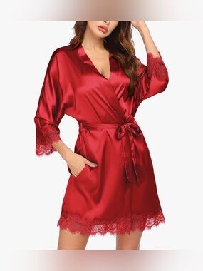 Women's Red Satin Lace Trim Robe - Unbranded